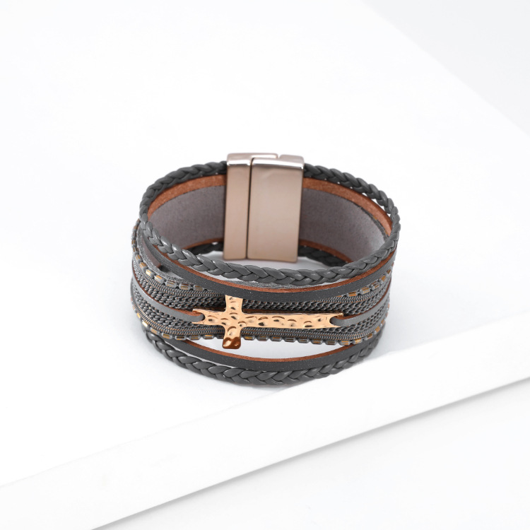 Bohemian Multi-layer Braided Cross Magnetic Buckle Bracelet display picture 9