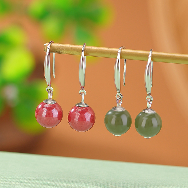 Bông tai bạc S925 móc hoa tai đính đá ngọc bích Hetian hạt tròn đơn giản — Kiểu nước nắng