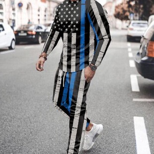 Autumn Distinctive Funny New Long-sleeved Sports Two-piece Crewneck Casual Printed Men's Sweater Suit Top