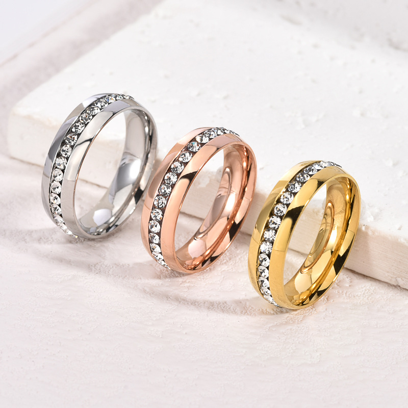 European and American Cross-Border Diamond-Encrusted Titanium Steel Non-Fading Ring for Women, Cool Korean Style Personalized Ring Niche 6mm Gold-Plated Ring