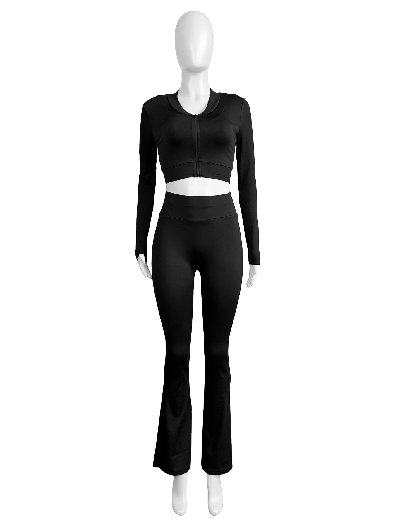 Women Clothing Basic Solid Color Short Top High Waist Bootcut Sports Casual Three Piece Suit Suit