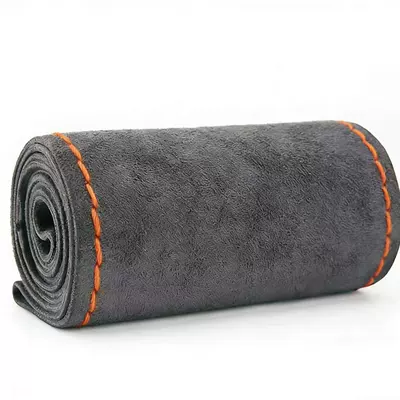 Genuine Suede Hand-Stitched Handlebar Cover: Steering wheel cover - carbon-black-orange-line-38cm