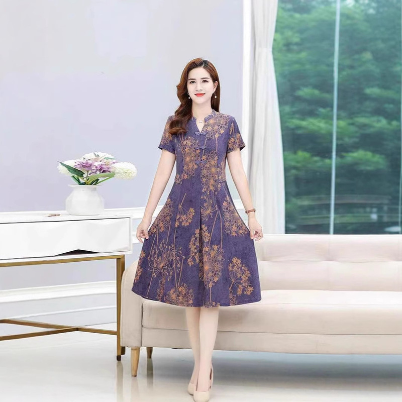 High-Quality Buckle Ice Silk Cheongsam Summer Middle-Aged and Elderly Mothers' Clothing Women's New High-End Western-Style Cheongsam Dress for Women