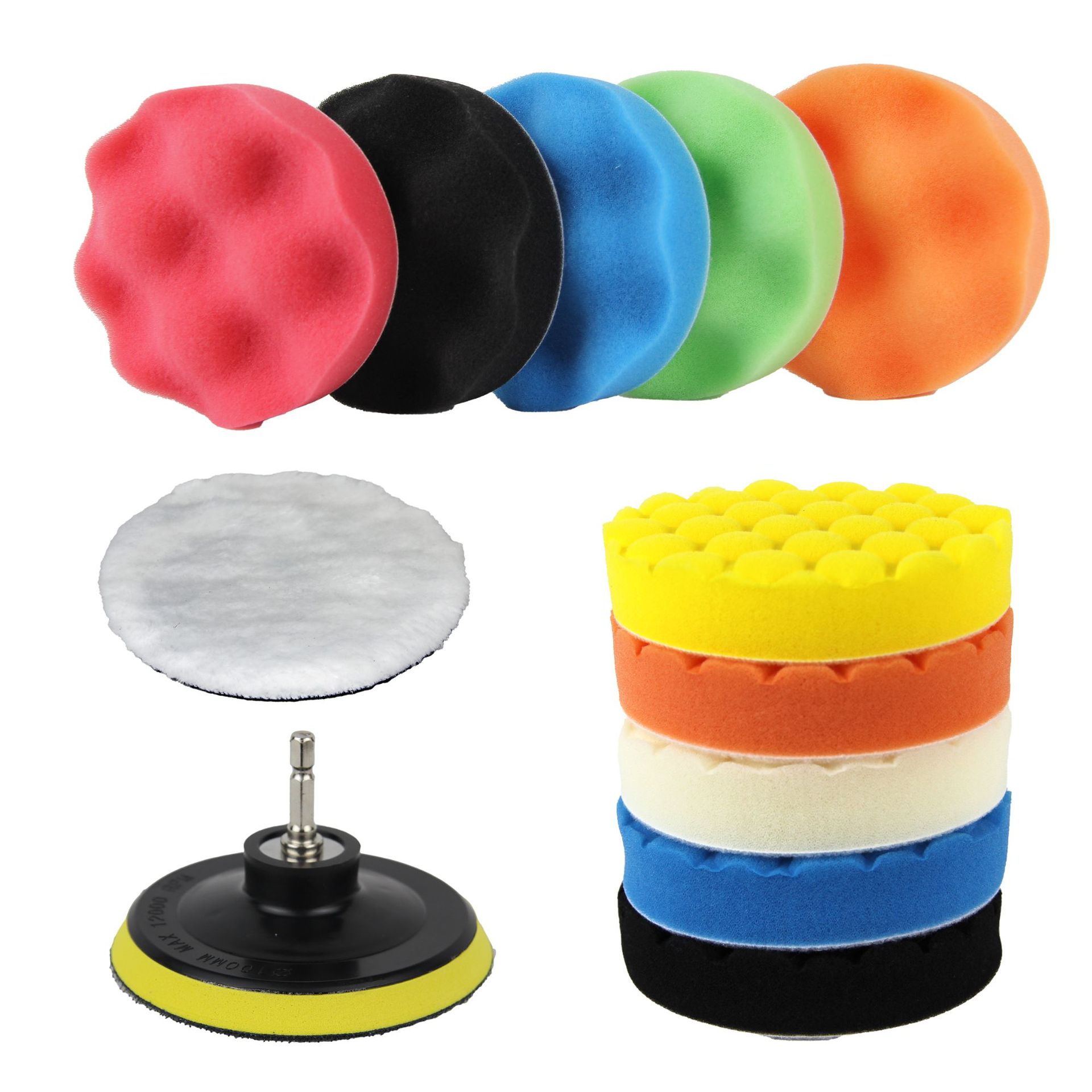 4寸M10黄色泡沫抛光垫套装,适用汽车清洗打蜡封釉,带 1/4 连接杆