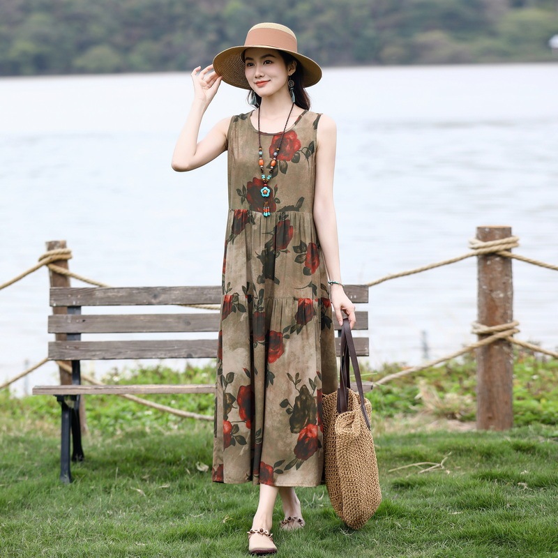 ノースリーブの若い女性の綿シルクドレス夏の海辺の休暇プラスサイズの膝丈ビーチドレス|undefined