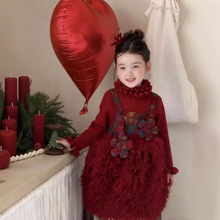 女童套装冬季年服25新款冬装宝宝周岁礼服儿童流苏公主裙红色毛衣