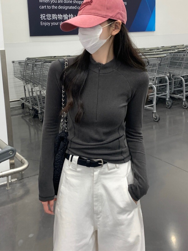 加厚加绒紧身拉链打底衫女2025新款秋冬长袖立领短款内搭T恤上衣|undefined