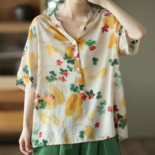 Summer New Vintage V-neck Polo Dot Printed Tingsilk Cotton T-shirt Women's Literary Style Casual Loose Pullover Small Shirt Top