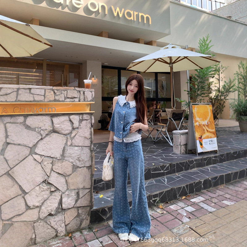 Tweed Style Jeans Suit Summer Women's Design Lace Splicing Top High Waist Wide Leg Pants Two-Piece Set Tweed Style Jeans Suit Summer Women's Design Lace Splicing Top High Waist Wide Leg Pants Two-Piece Set