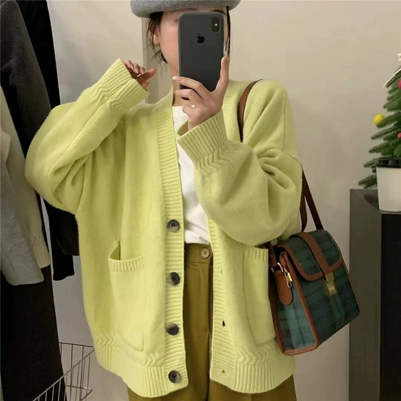 Корейский свитер кардиган с v-вырезом карман 2023 осень-зима новый свободный ленивый мягкий клейкий дизайн свитер куртка женский
