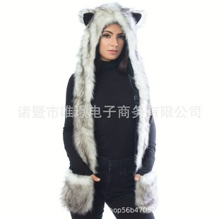 European and American Amazon Hooded Multi-Purpose White Wolf Hat with Mittens and Windproof Warm Pullover for Winter, Tie-Dye Style