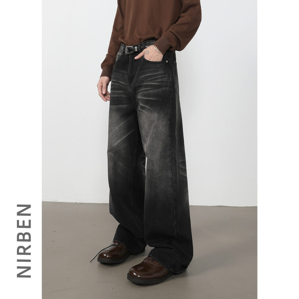 Quần jeans nam ống rộng lưng giữa, dáng suông thoải mái, chất denim washed — màu xanh, màu xanh nhạt, màu xám đen