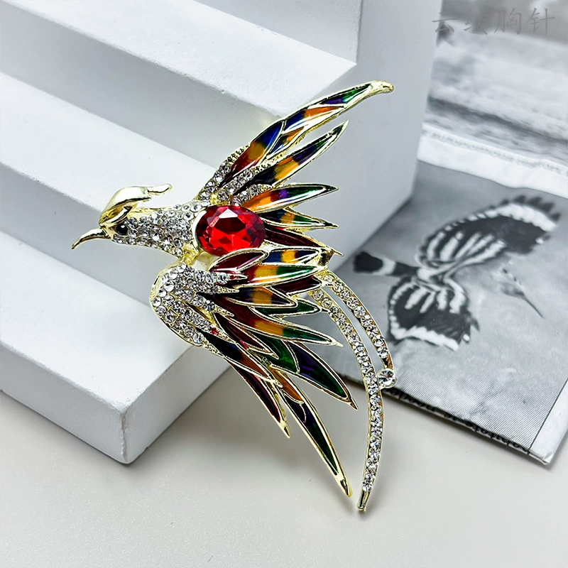 Phoenix metal brooch pin, enamel accents, gold-tone alloy, 5.76×4.48 cm, multicolor options