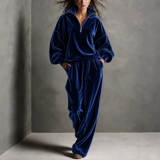 2026跨境欧美独立站秋冬新款女士金丝绒半拉链上衣和阔腿裤套装