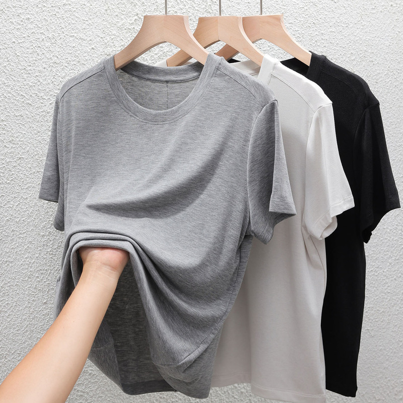 Round Neck Acetate Tencel T-Shirt for Women, Knitted Inner Layer, Stylish Short-Sleeve Top, Thin Summer Style, 2026 New Model Round Neck Acetate Tencel T-Shirt for Women, Knitted Inner Layer, Stylish Short-Sleeve Top, Thin Summer Style, 2026 New Model