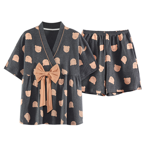 Spring and summer new pajamas women's short-sleeved shorts kimono suit with chest pad Korean style student sweet and cute home clothes