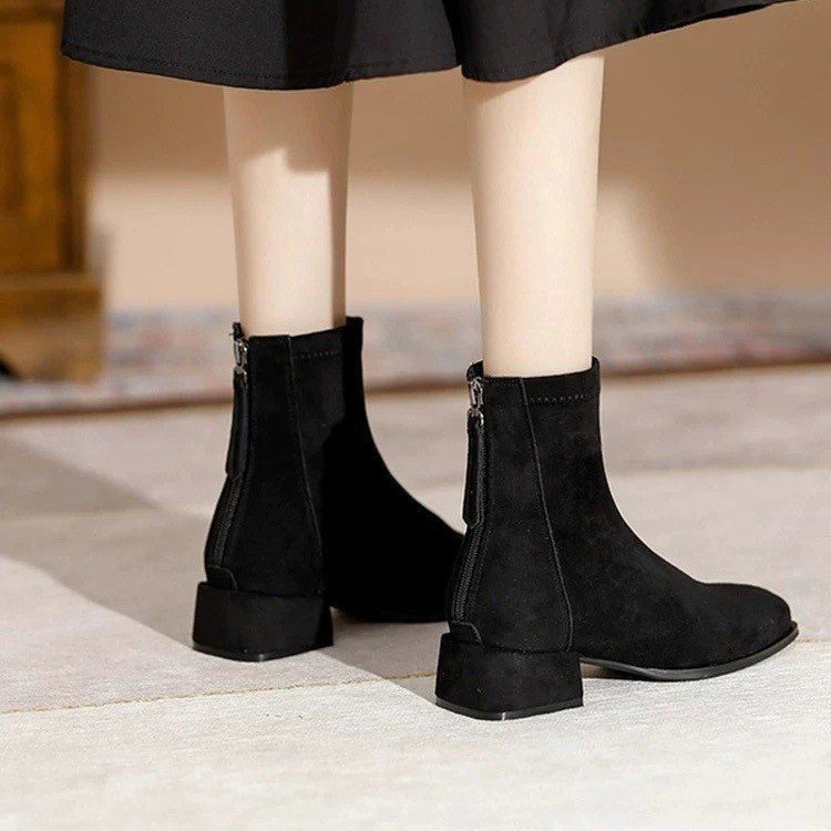 Thick Heel Suede Boots for Women 2025 Autumn and Winter Retro Small Ankle Boots Mid-Calf Elastic Slim Boots Square Toe Fashion Short Boots