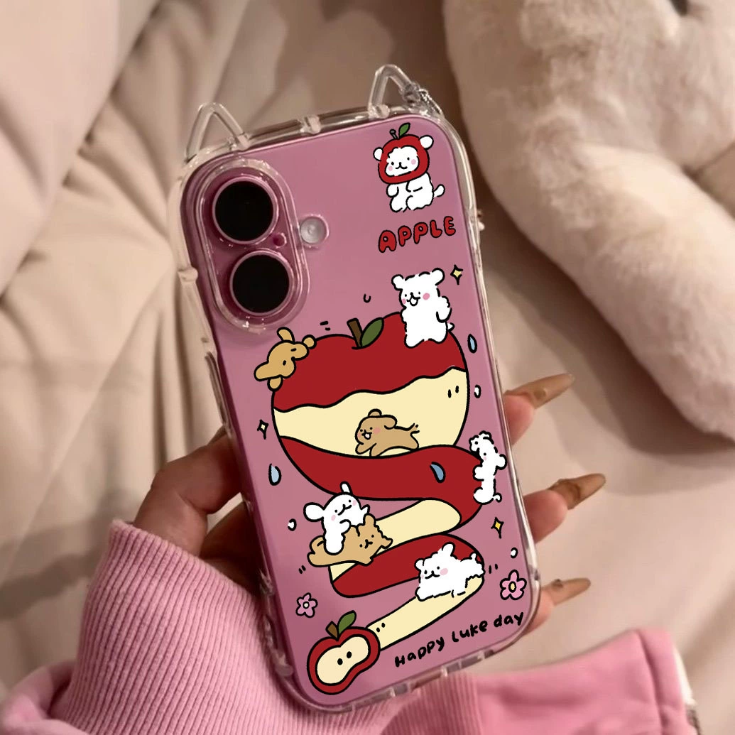 Чехол для телефона (Apple) совместим с iPhone11–17, прозрачный с ушками кота, шнурок опционально