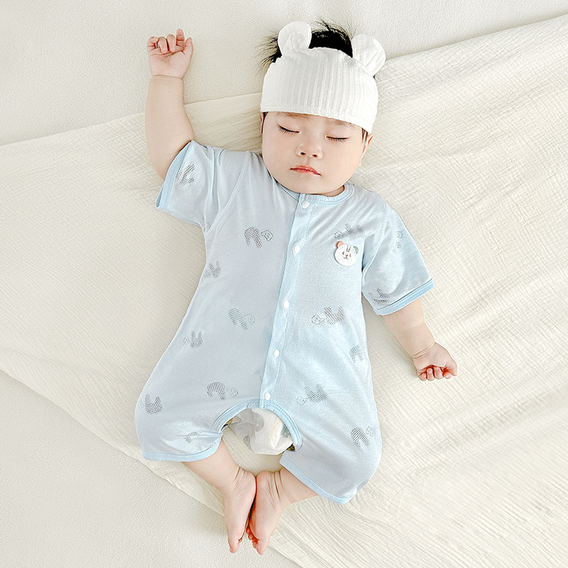 Mono de bebé verano hombres y mujeres niños pequeños estilo delgado transpirable de manga corta con entrepierna abierta mampara recién nacido ropa de verano para bebés