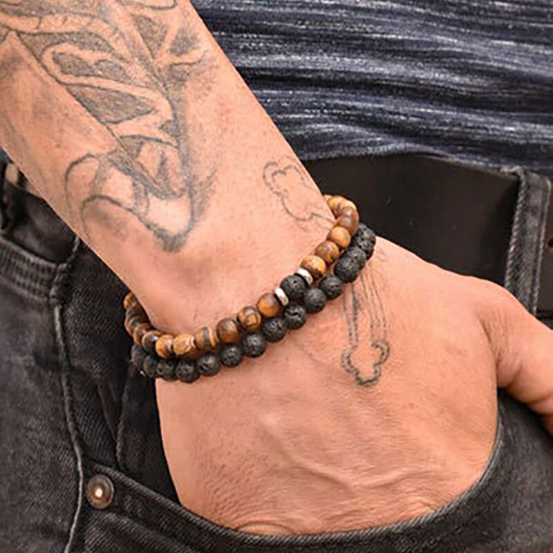 Cross-Border Xiyin Tiger Eye Stone Beaded Bracelet Men's Natural Stone Elastic Bracelet Set Men's Lava Stone Beads Cross-Border Xiyin Tiger Eye Stone Beaded Bracelet Men's Natural Stone Elastic Bracelet Set Men's Lava Stone Beads