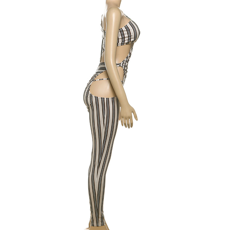 Winter Women Clothing Sexy Hollow Out Cutout Sexy Striped Tight One Piece Trousers