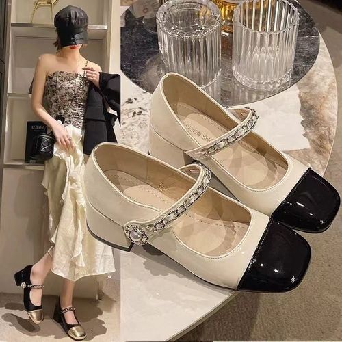 Pearl Single Strap Mary Jane Shoes for Girls and Boys, 2024 New Arrival Spring Early Spring Chanel Style Retro Thick Heel Medium Heel Small Leather Shoes Autumn
