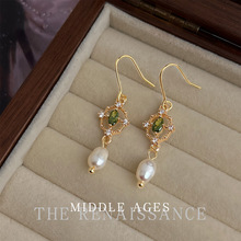 vintage中古风淡水珍珠绿锆石耳环法式复古宫廷风耳钩高级感耳饰