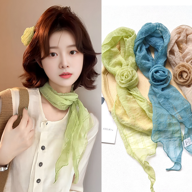 New Style Flower Small Scarf Gentle Solid Color Silk Scarf Linen Triangle Scarf Women's Summer All-match Solid Color Neck Protection Small Scarf