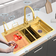 厨房304不锈钢金色水槽台下洗菜盆多功能大号双槽加厚一样大水斗