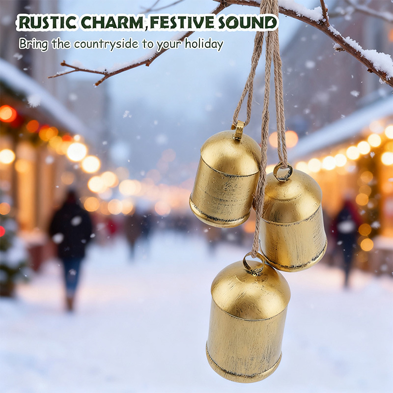 Vintage Brass-Colored Large Metal Christmas Bells with an Antique Finish, Christmas Tree and Wreath Decorations, Wholesale Set of 3
