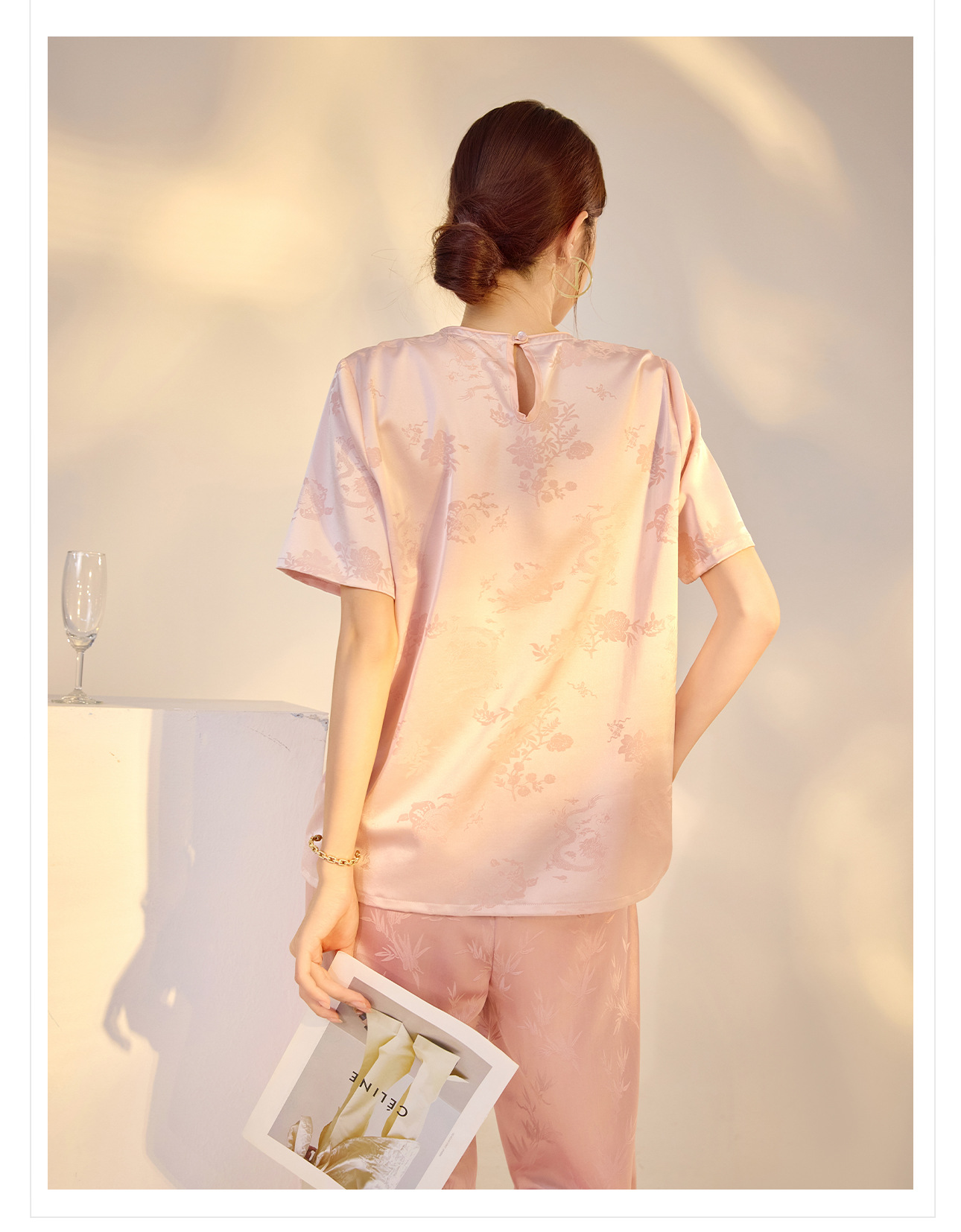 Áo thun nữ tay ngắn lụa tơ tằm jacquard trơn thiết kế đơn giản ZX M400 — Màu trắng chi tiết 30