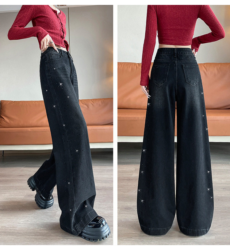Quần jean ống rộng nữ cạp cao đính đá màu xanh cổ điển, dáng suông rộng thoải mái — Retro màu xanh chín điểm, Xanh Vintage, Dáng Dài, Xám Than, Dài Hơn, Xám than, dáng thường chi tiết 22