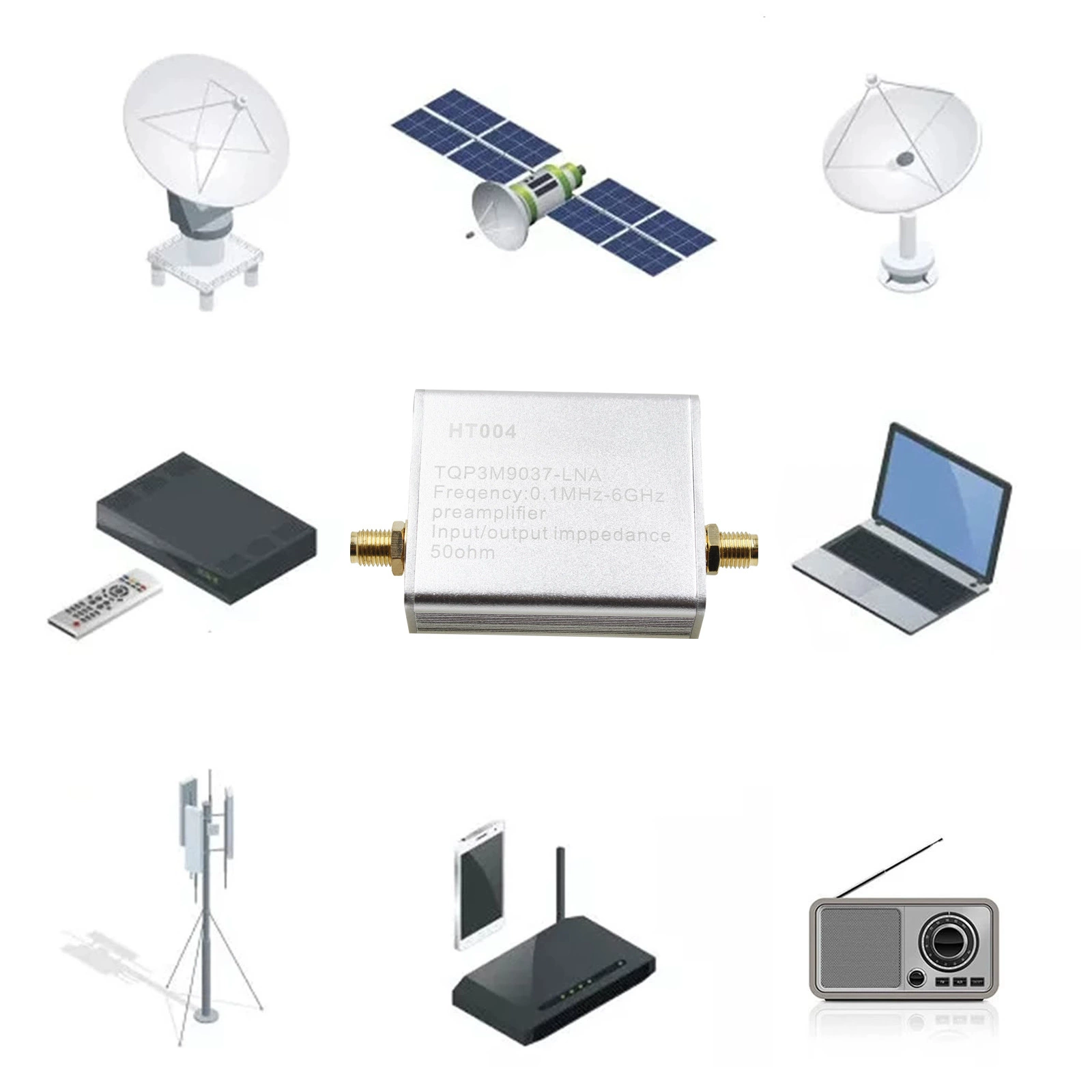100K-6 ГГц полный диапазон низкий уровень шума усилитель 20dB с высоким коэффициентом усиления мощности предусилитель HT004