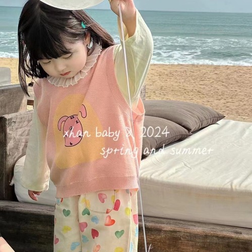 Girl's Spring Outfit 2024 New Cute Doll Shirt + Pink Vest + Heart Straight Pants Fashion Three-Piece Set