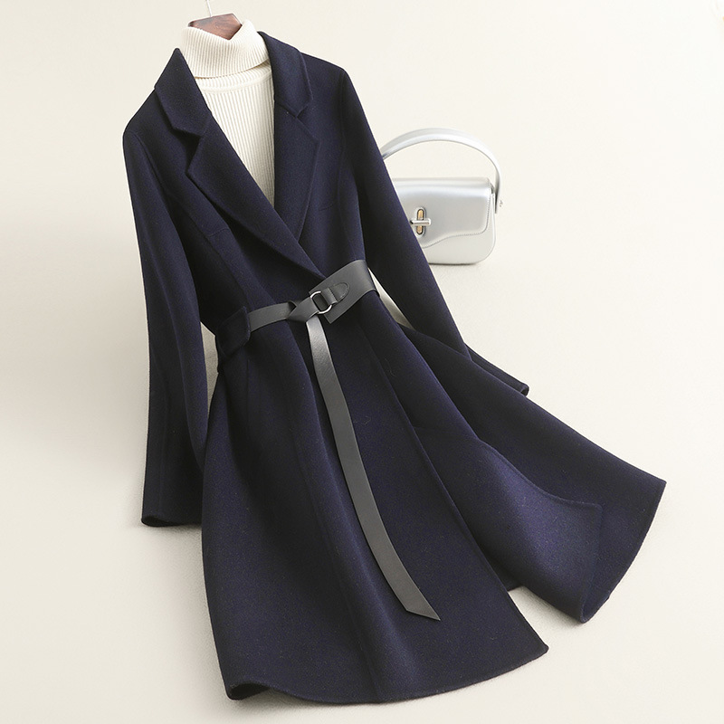 春の新作ハイエンド小柄コート女性用ミドル丈両面ゼロカシミアウエストウールウールコート女性用