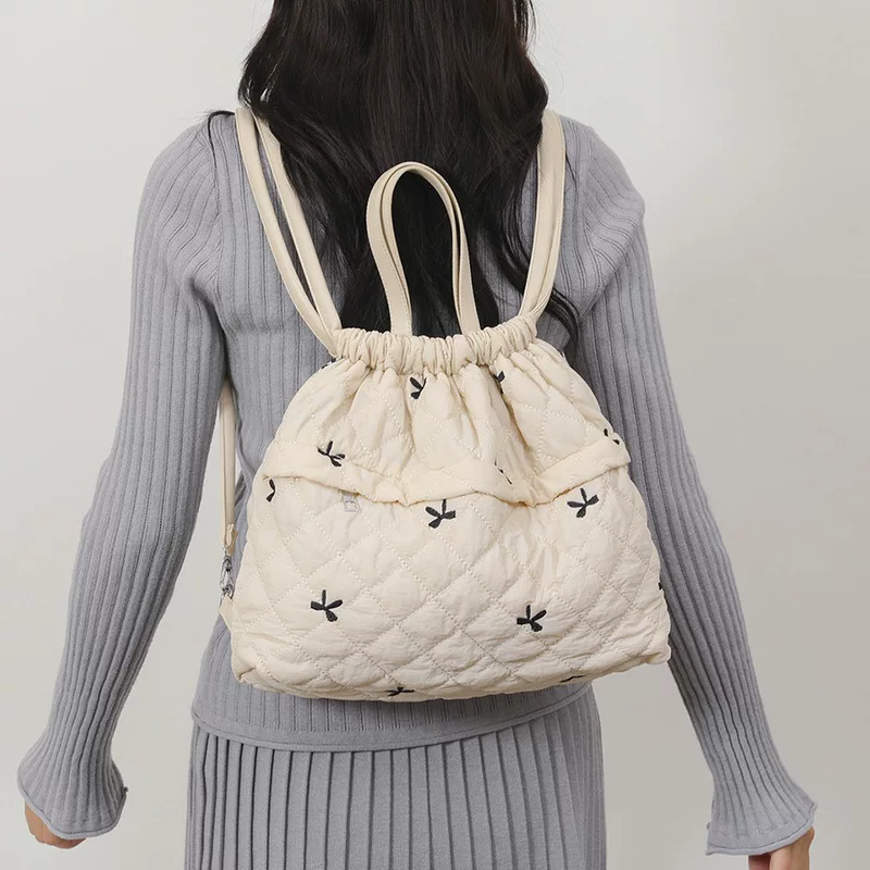 Stylish Quilted Drawstring Backpack with Bow, Shoulder, One-Shoulder, and Bucket Bag Options