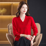 新款秋冬羊毛衫时尚v领羊毛毛衣洋气中年妈妈针织衫100%绵羊毛，女装针织衫/毛衣，妃慕昵服饰