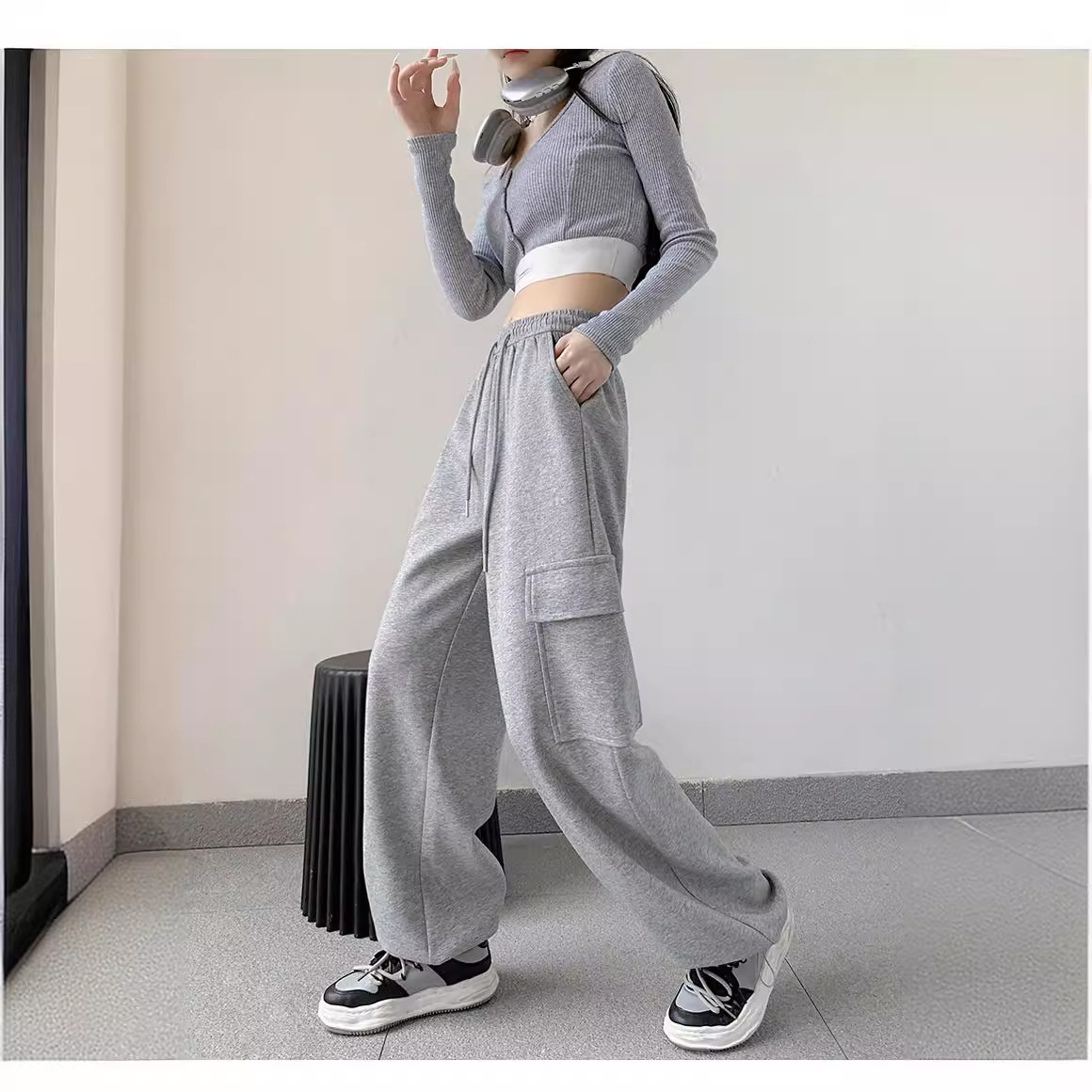 American-Style Drawstring Sports Sweatpants for Women, New High-Waisted Slimming Workwear Long Pants for Spring and Autumn, Trendy Casual Pants for Women