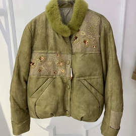 欧洲站女冬季新中式立领刺绣定钻水貂毛鹅绒服女短款皮草保暖轻奢