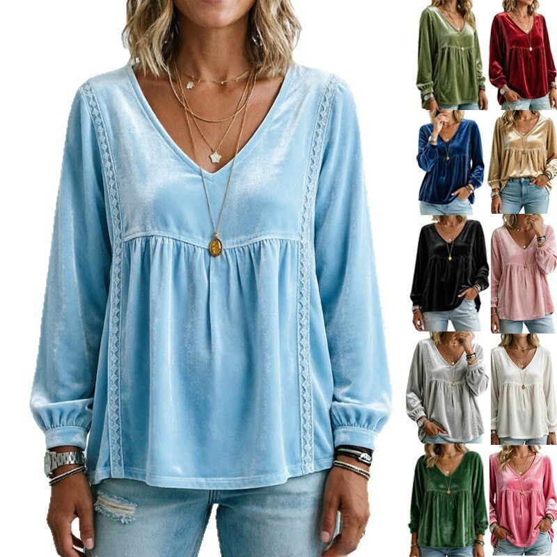 European and American cross-border 2026 autumn new women's clothing: V-neck lace velvet casual loose long-sleeve top shirt