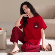 夏季新款爽棉女短袖长裤套头睡衣大红喜庆休闲女家居服图片色圆领