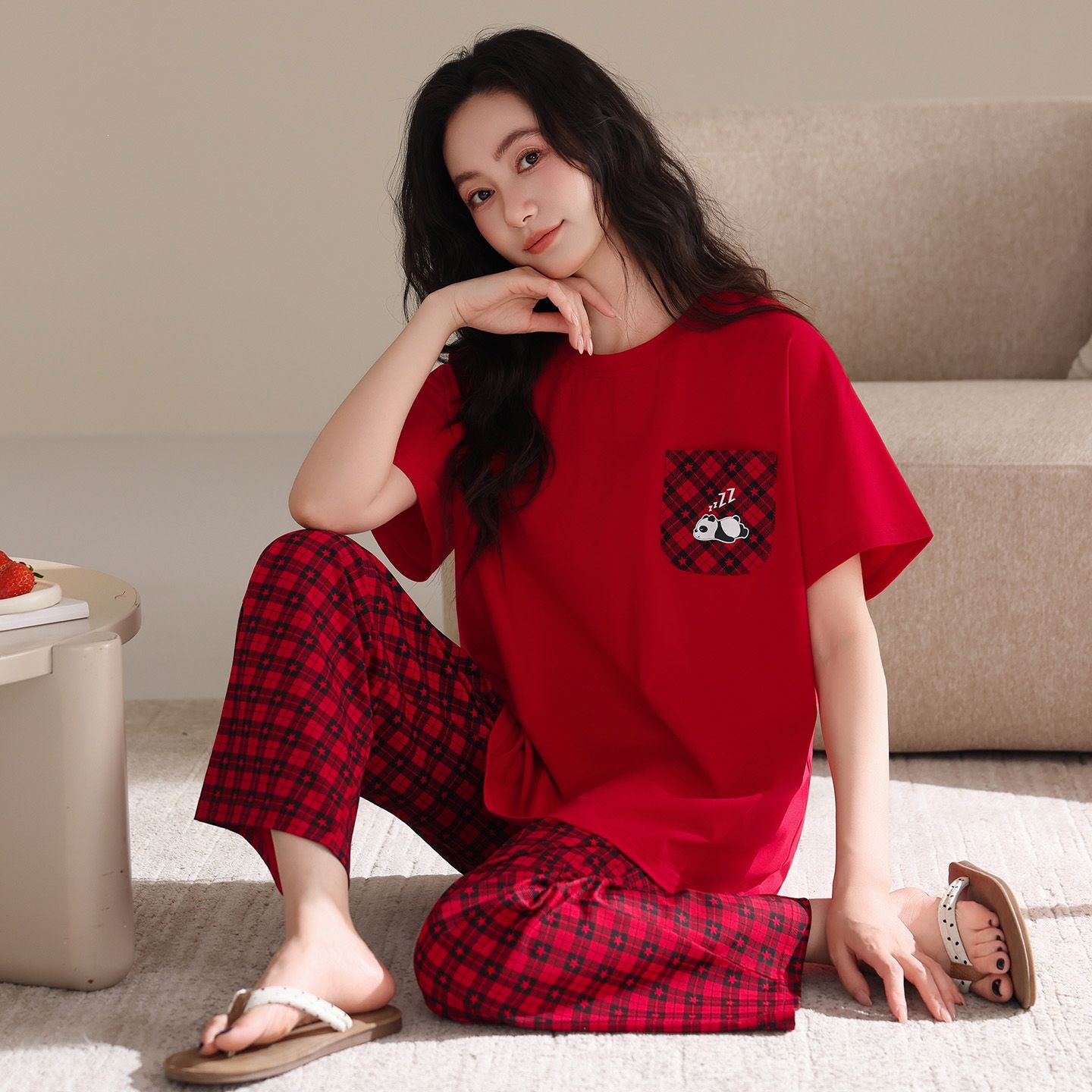 夏季新款爽棉女短袖长裤套头睡衣大红喜庆休闲女家居服图片色圆领