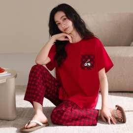 夏季新款爽棉女短袖长裤套头睡衣大红喜庆休闲女家居服图片色圆领