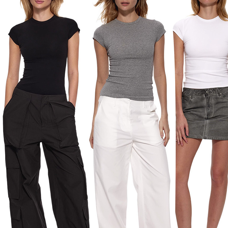 Spot Basic Elastic Modal Right Shoulder Women's Slim Sports Top American Sexy Hourglass Waist Short-Sleeved T-Shirt Spot Basic Elastic Modal Right Shoulder Women's Slim Sports Top American Sexy Hourglass Waist Short-Sleeved T-Shirt