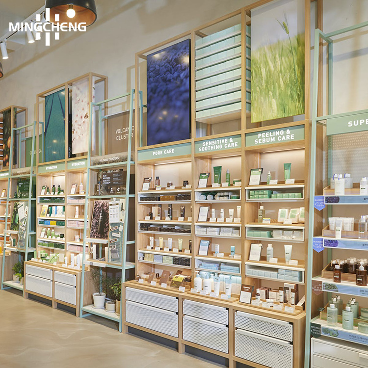 屈臣氏连锁品牌彩妆展示柜靠墙木制护手霜精华液多层中岛展示柜台
