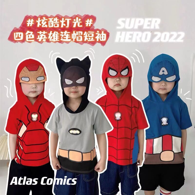 Marvel Hero Boys Summer Short-sleeved T-shirt Spider-man Iron Man Children's Baby Handsome Hooded Top Children's Wear T