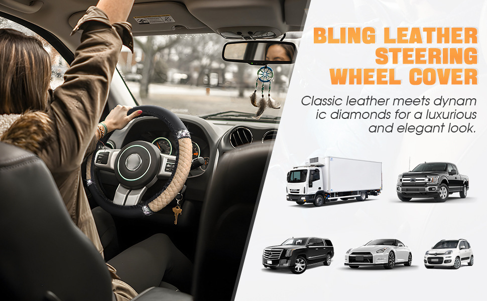 Factory Direct Sales Cross-Border Colorful Rhinestone Car Steering Wheel Cover, Leather Three-Dimensional Interior Handle Cover Without Inner Ring