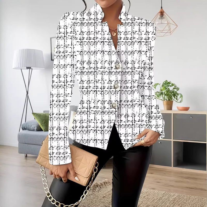 Amazon European and American Women's Clothing Simple and Stylish Plaid Texture Printed Three-Button Slim-Fit Blazer Amazon European and American Women's Clothing Simple and Stylish Plaid Texture Printed Three-Button Slim-Fit Blazer