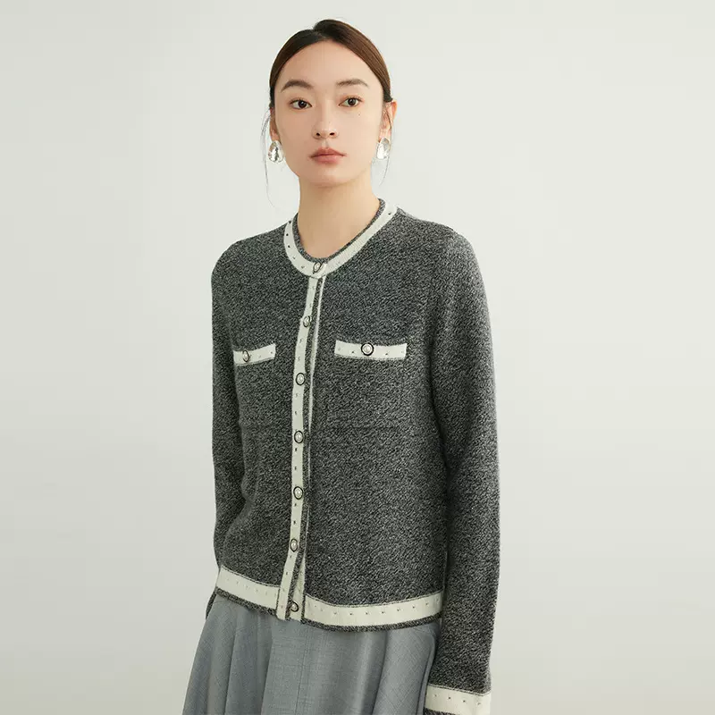 100%羊毛混纺珠片纱针织开衫毛衣撞色小香风外套秋季女装针织上衣
