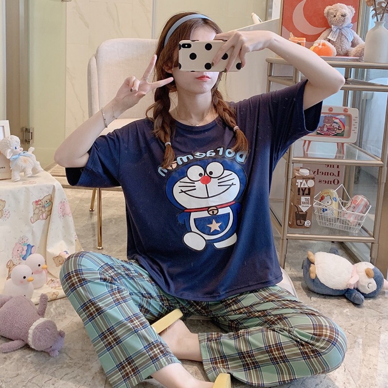 睡衣女春秋款5XL码新款短袖长裤女士印花可爱可外穿家居服套装|undefined